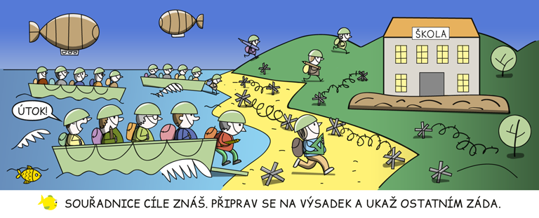 Žáci se vyloďují na opevněné pláži a berou ztečí nedalekou školu.